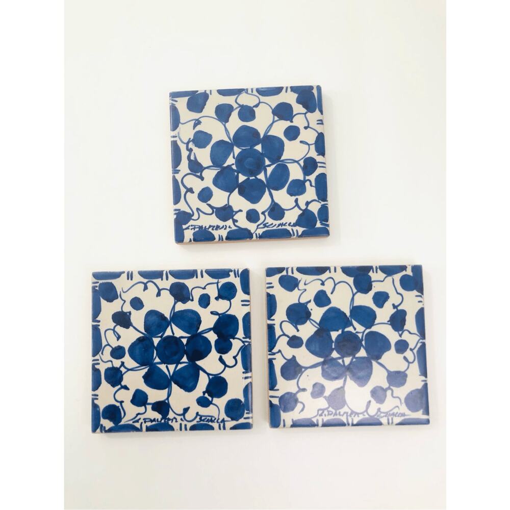 italian tiles set of 3 blue and white 4 inch squares collectible‎ signed